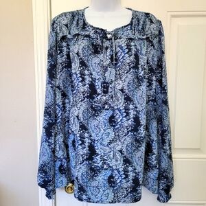 Joie Blue Parisian Paisley Long Sleeve Blouse Front Tie Tassles Size Large